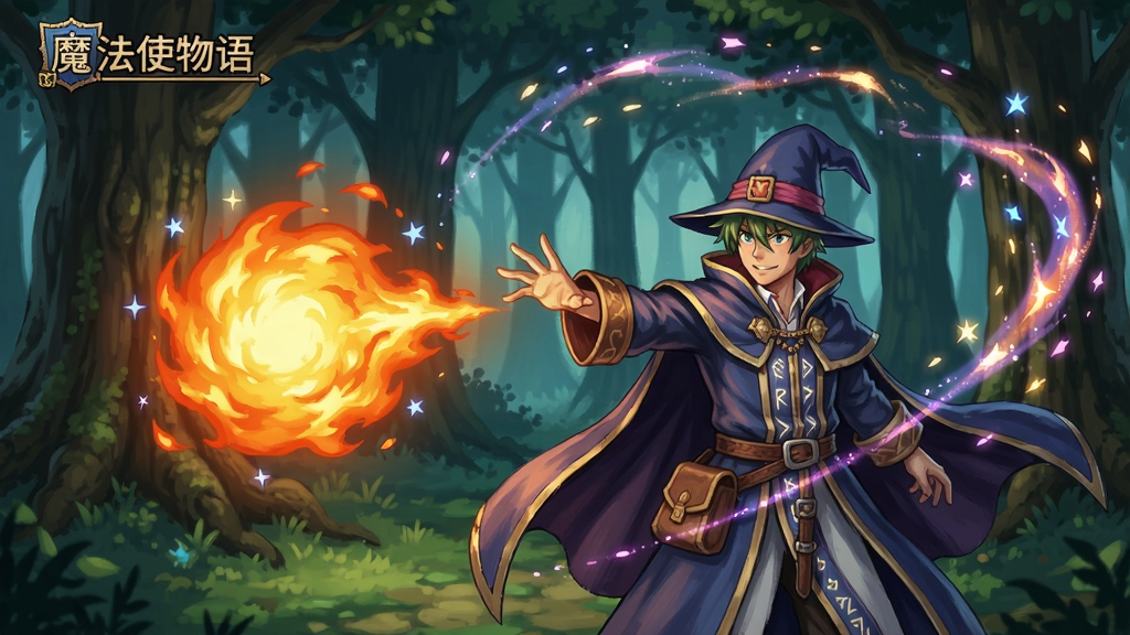 魔法使物语游戏场景,魔法师在森林中施展火球术的华丽画面