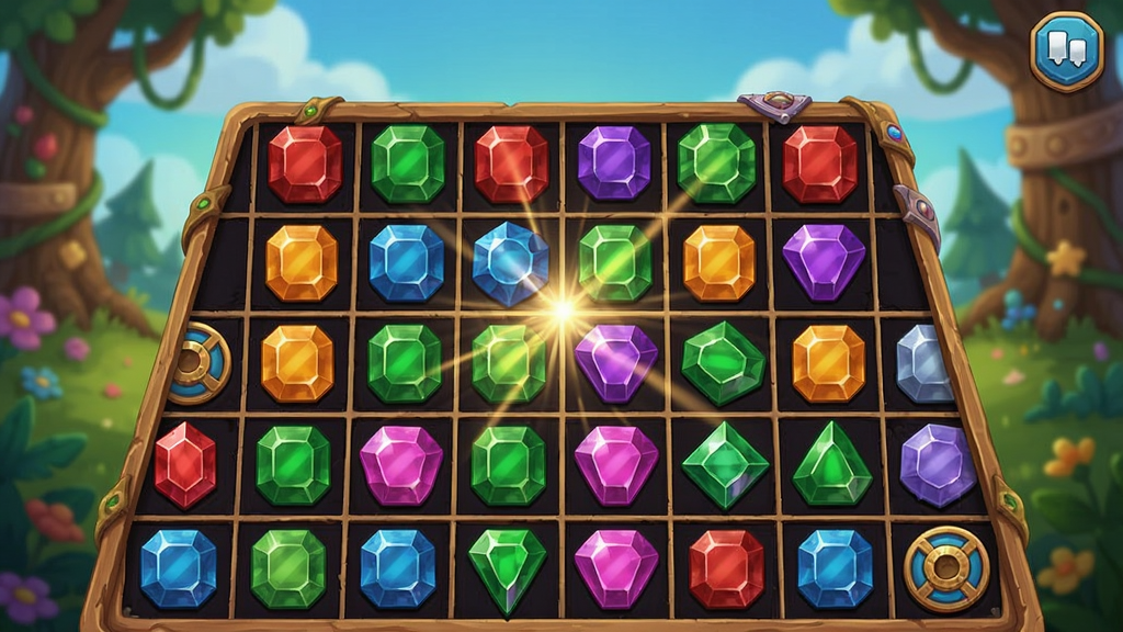 宝石碰撞游戏场景,五彩纷的宝石在棋盘上排列,等待玩家消除