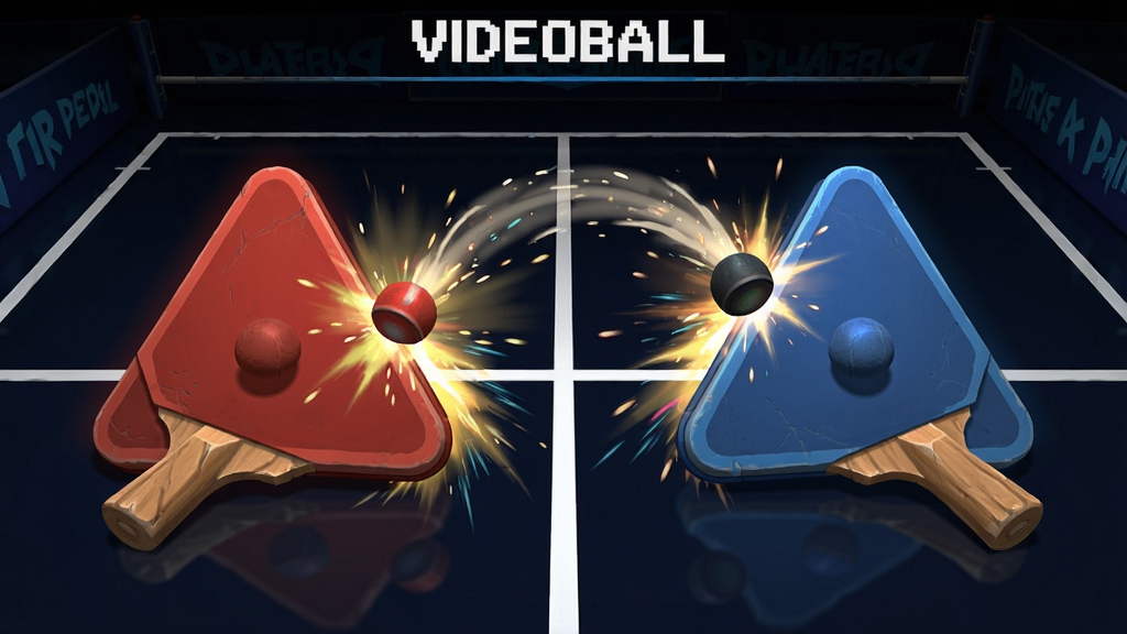 VIDEOBALL游戏画面,两个三角形球拍在球场上击球,物理碰撞特效