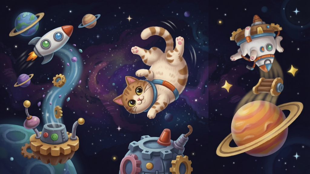 一只可爱的猫咪在多种重力环境下翻转闯关,背景是宇宙和机关。