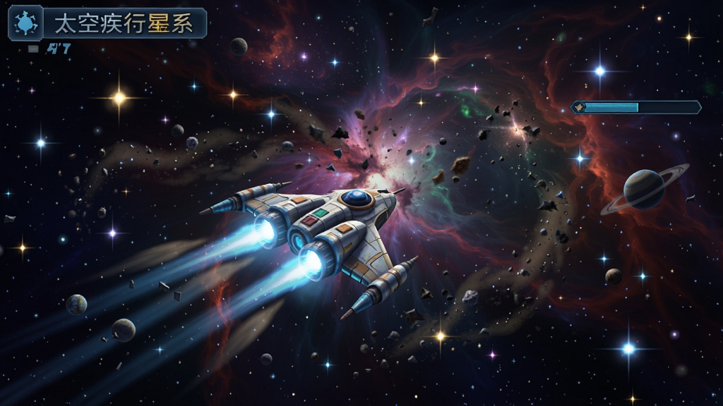 太空疾行星系游戏截图,飞船在星云中飞行,周围点缀着闪烁的星星和宇宙尘埃