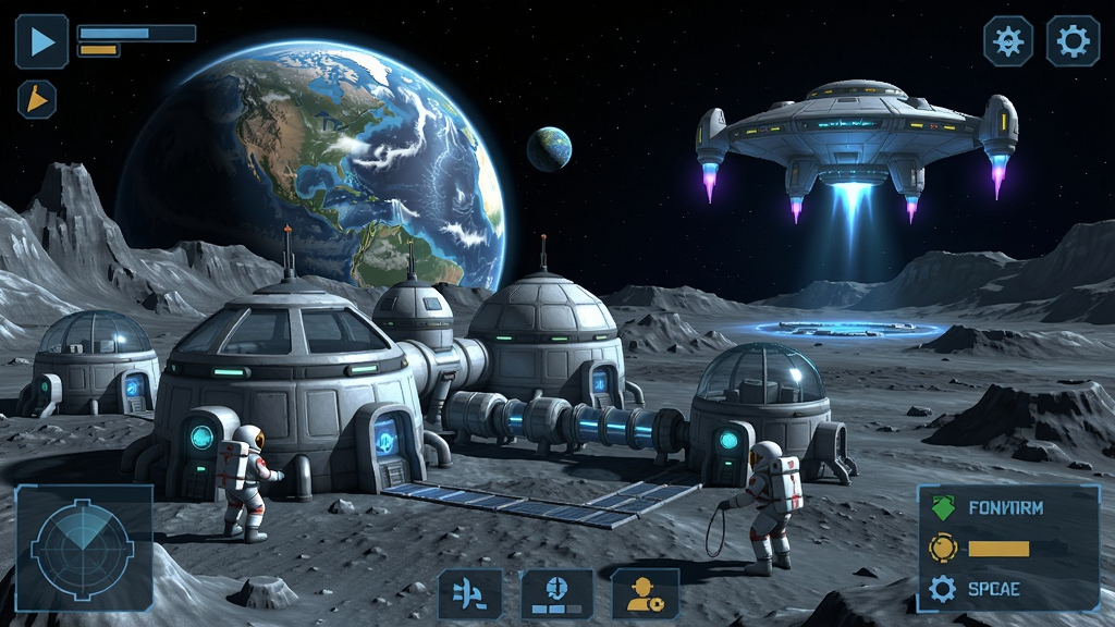 太空生存游戏场景,宇航员在星球表面建造基地,远处有外星飞船