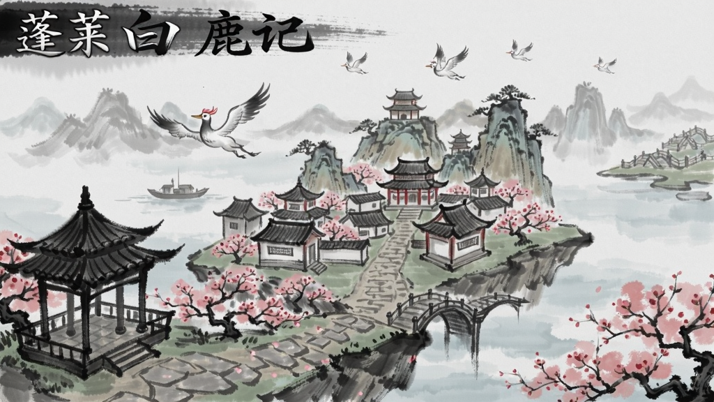 蓬莱白鹿记游戏场景,仙气缭绕的蓬莱仙岛,古风建筑与桃花林,水墨风格