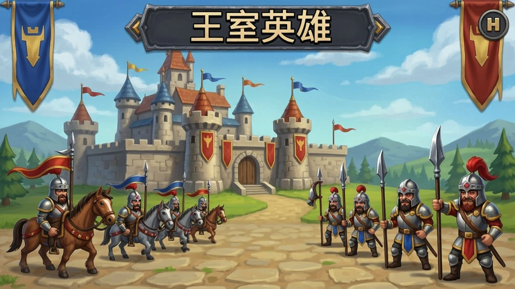 王室英雄游戏主界面截图,显示城堡和军队队伍