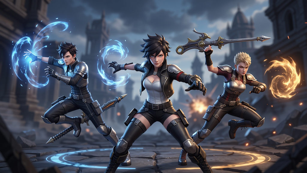 RWBY: Grim Eclipse游戏主角团在战斗场景中展示技能动作的AI生图