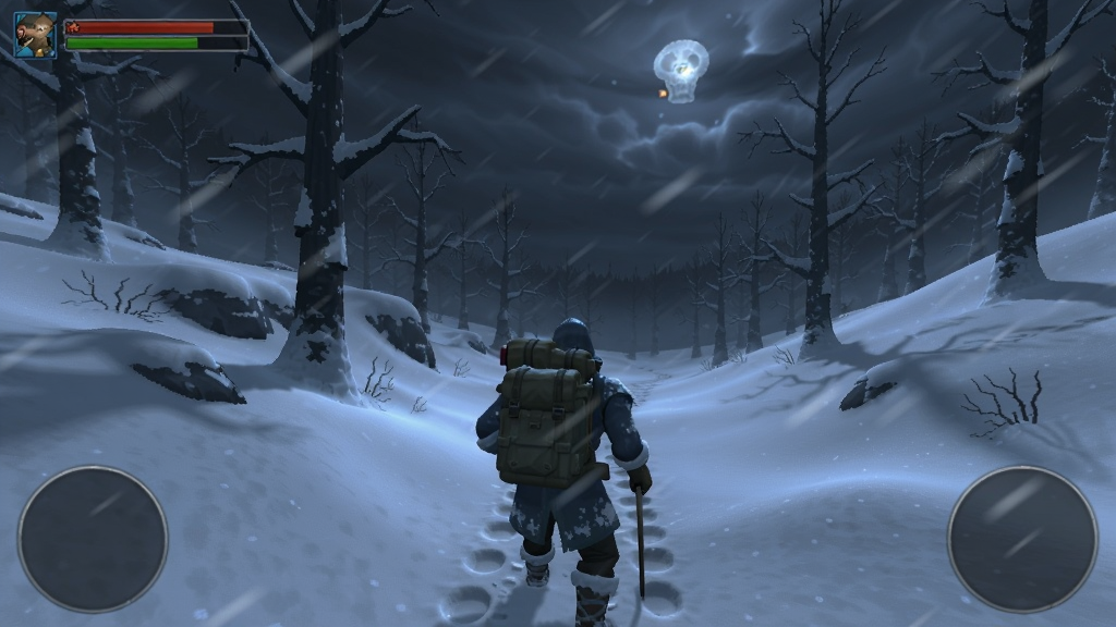 漫漫长夜游戏中角色在暴风雪中艰难行走的场景,四周是皑皑白雪和枯树,天色昏暗,氛围压抑