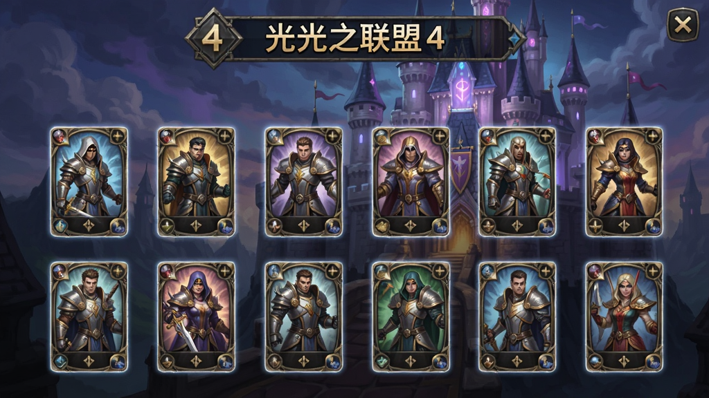 光之联盟4角色收集界面,众多英雄卡牌排列展示,背景是魔法城堡