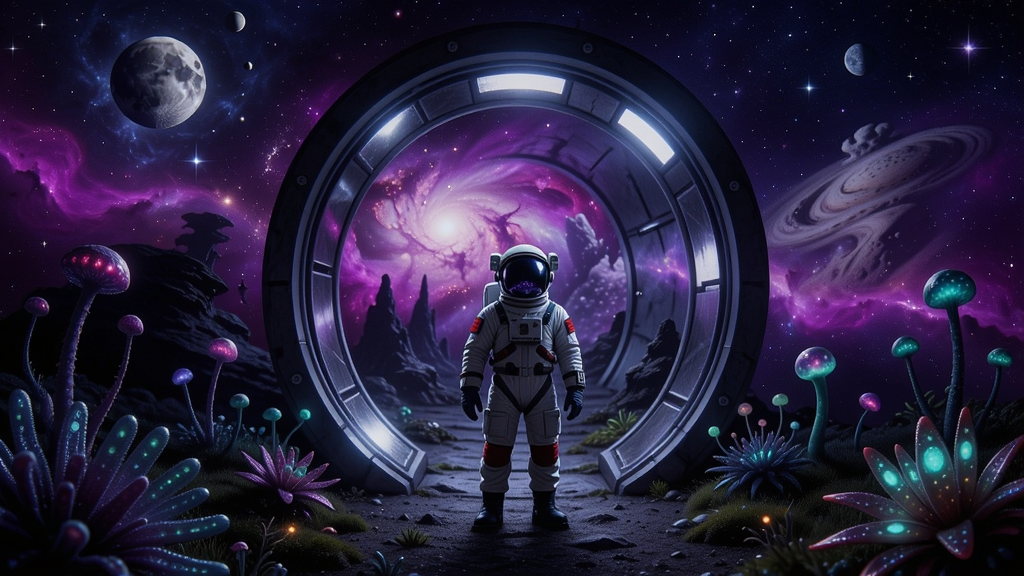 宇航员站在异星通道入口,周围是紫色星云和未知植物,充满科幻神秘氛围