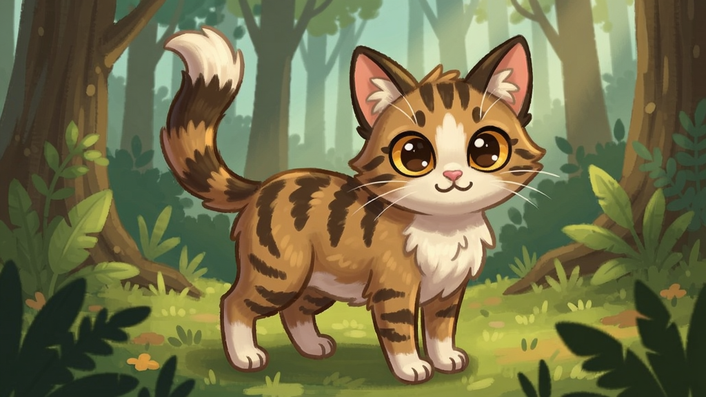 一只可爱的野生猫娘站在森林中,身上有猫耳和尾巴,正在用大眼睛看向玩家