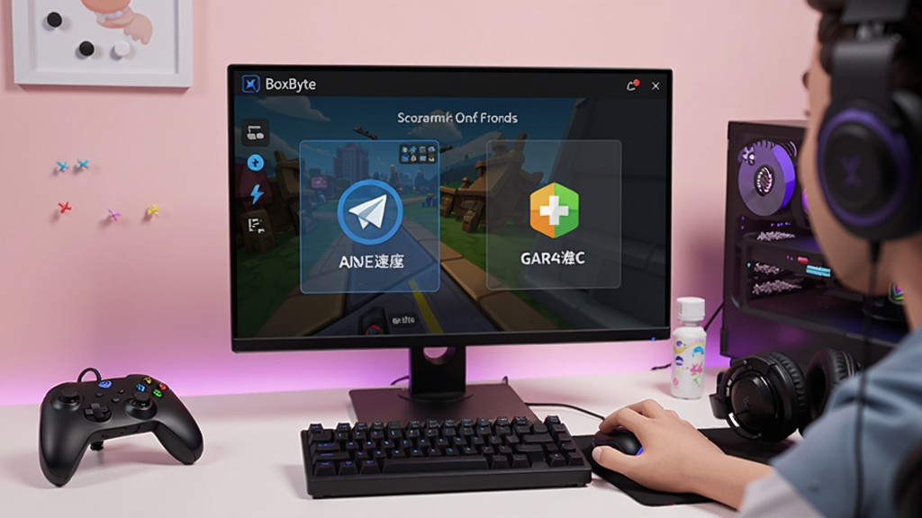 һλ��Ϸ������ڵ���ǰʹ��BoxByte�������棬��Ļ����ʾ��Ϸ���ٺ������������ܣ���Χ����Ϸ�ֱ��Ͷ�����װ���������������