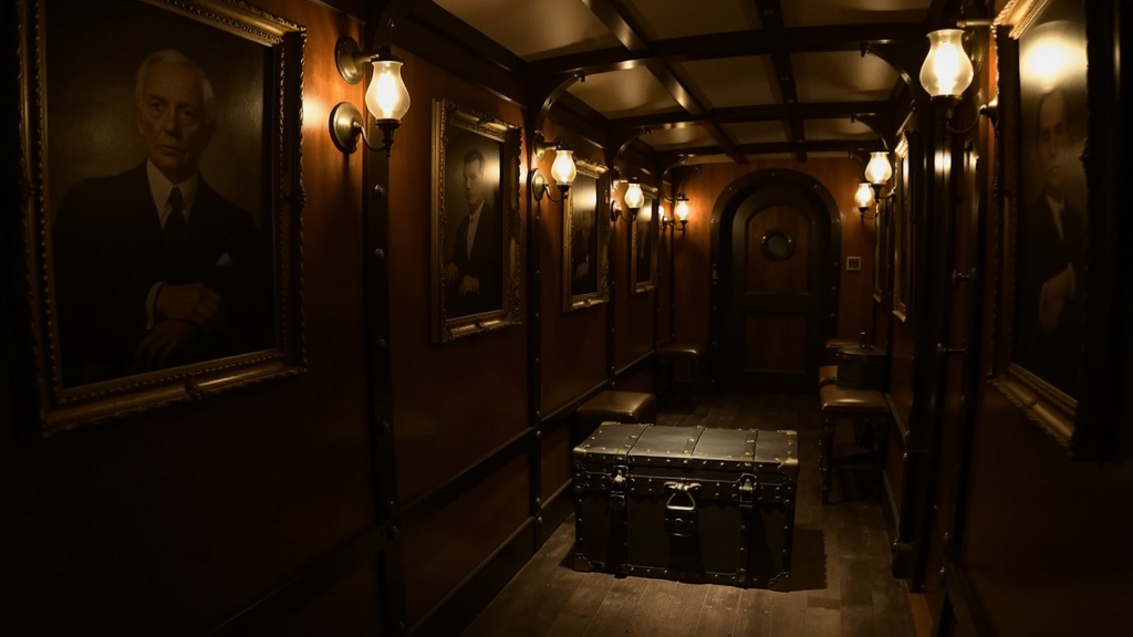 飞艇内部神秘走廊场景,昏暗灯光,墙上挂着古老画像,地上有一个锁着的箱子