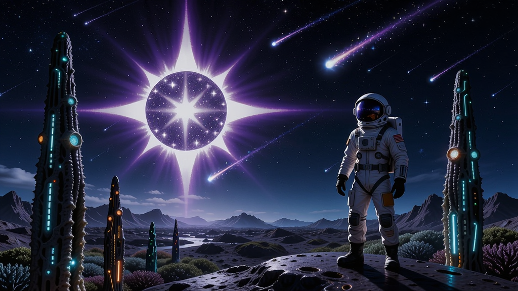 星空探险者站在赛博柏类星球表面,远处有巨大的紫色息星与流星雨