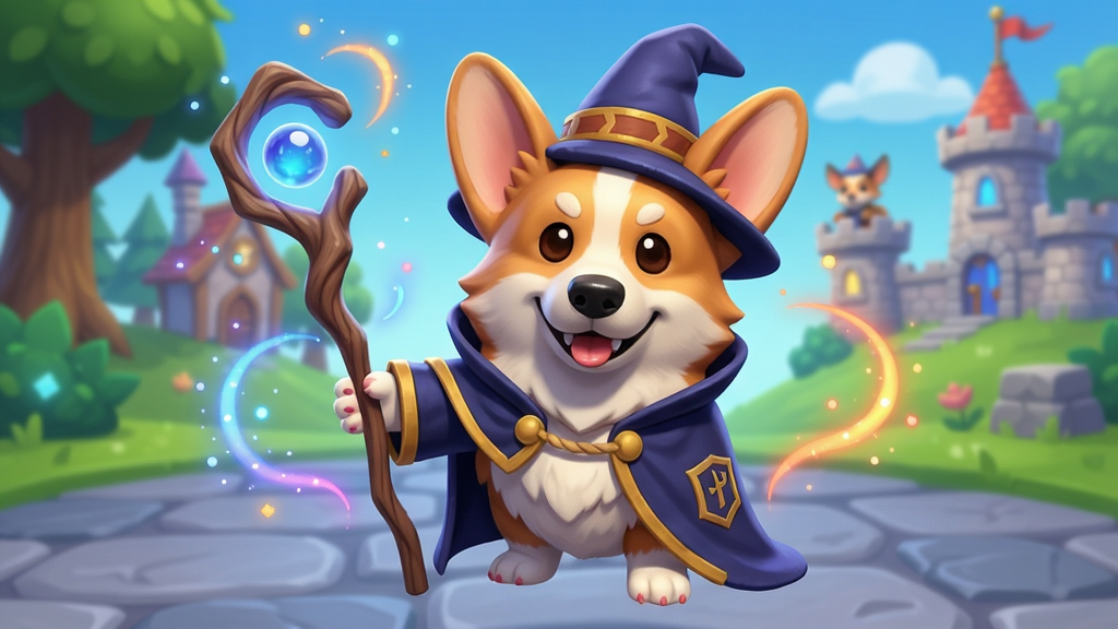 一只可爱的柯基犬穿着法师披风,手持法杆,身边热闹着魔法光晕,背景是纯净的游戏场景