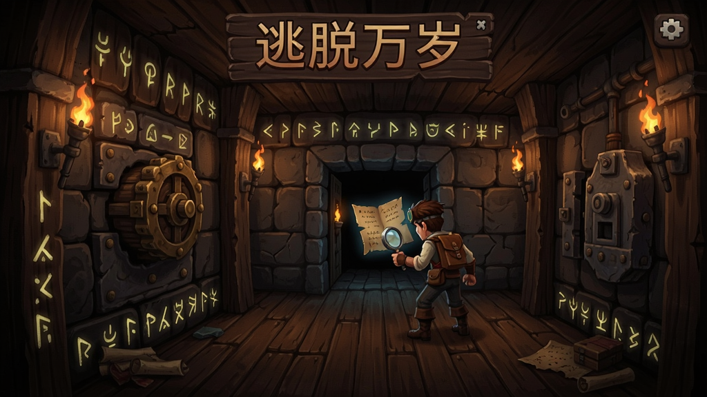 逃脱万岁游戏的一间古老密室,墙壁上有古老的符号和机关,玩家正在仔细观察环境寻找线索,画面风格木制古朴,充满神秘氛围