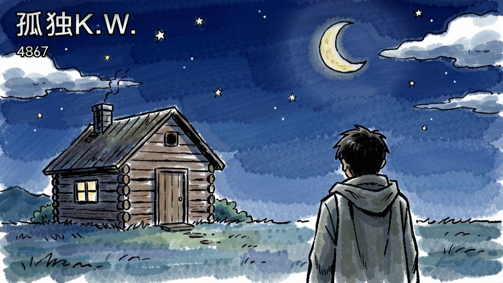 孤独K.W. 游戏画面展示,手绘风格夜空下的小屋和孤独的主人公背影