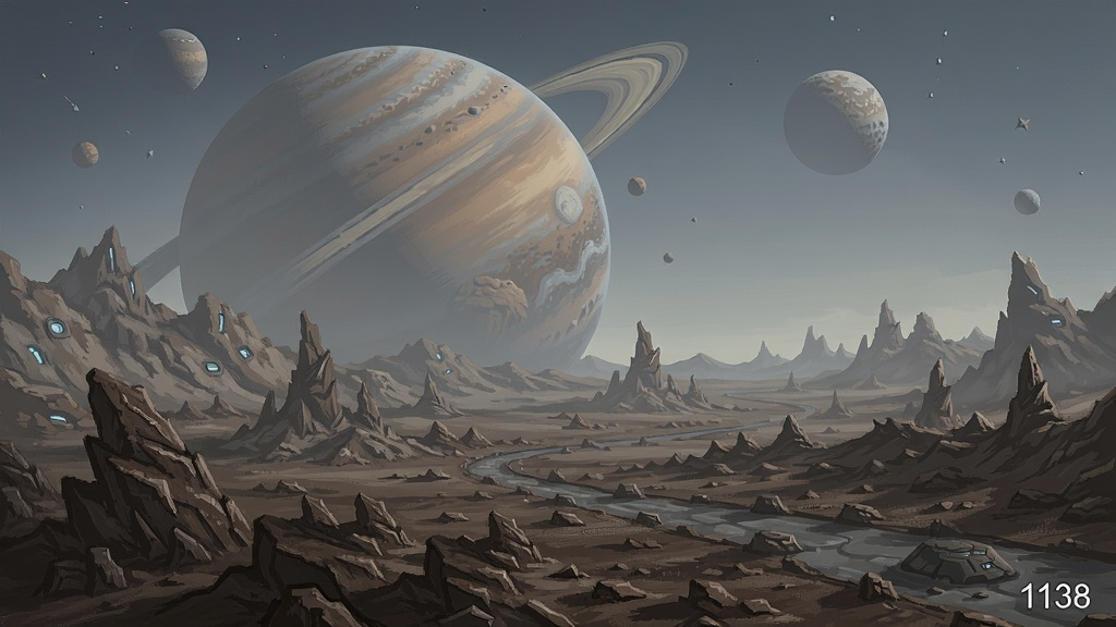 一幅展示行星1138表面荒凉景观的科幻概念图