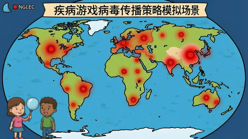 疾病游戏病毒传播策略模拟场景,卡通风格,全球地图上红色感染区域扩散