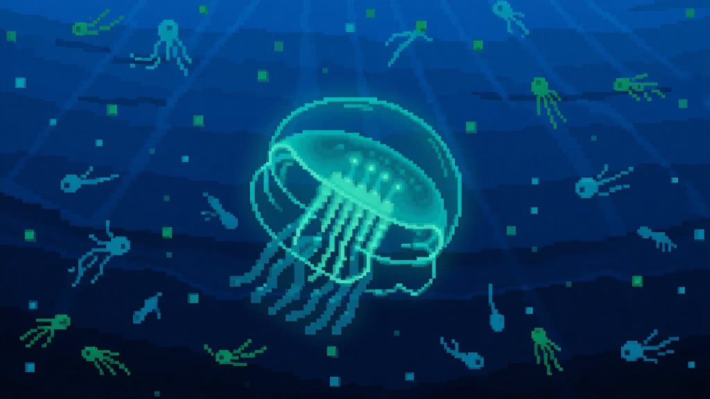 浮游生物在蓝色海洋中发光的场景,像素风格,周围有微小的浮游植物