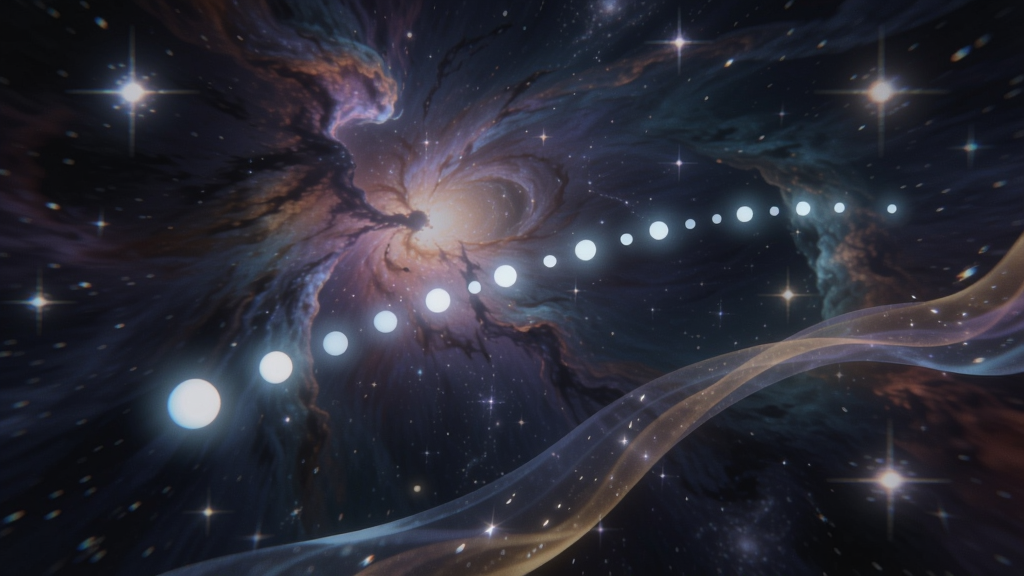无穷小点游戏画面,发光的点在绚丽的星云中飞行,周围有闪烁的星星和流动的光带