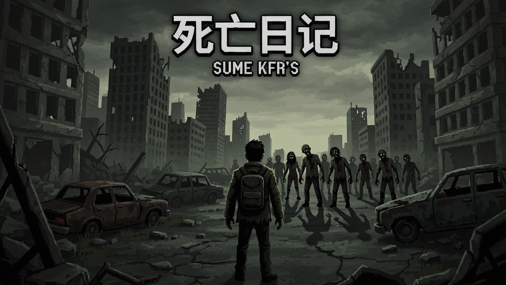死亡日记游戏主界面,角色站在废弃城市中,远处有丧尸群