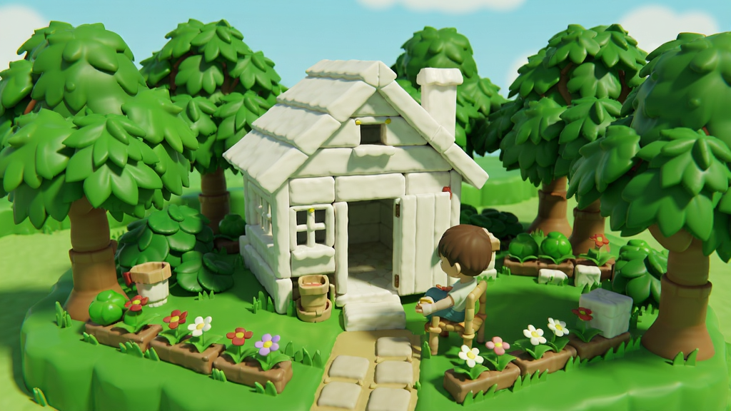 栖息地游戏中玩家搭建的纯白色小屋和绿树环绕的小院子场景