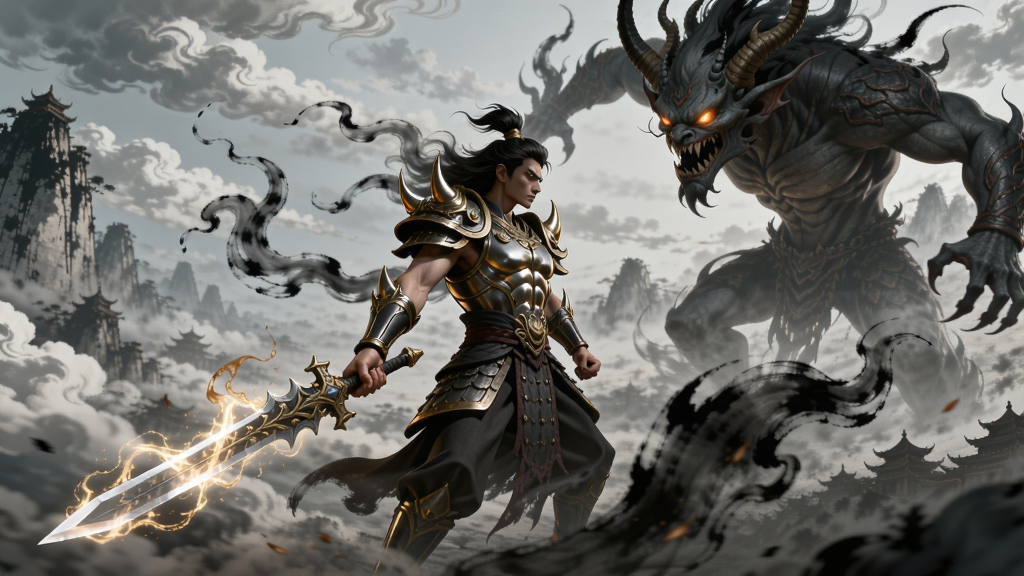 一位手持发光长剑的战神人物,站在云端与巨大妖魔对峙的仙侠场景,画面充满光影特效和东方水墨风格