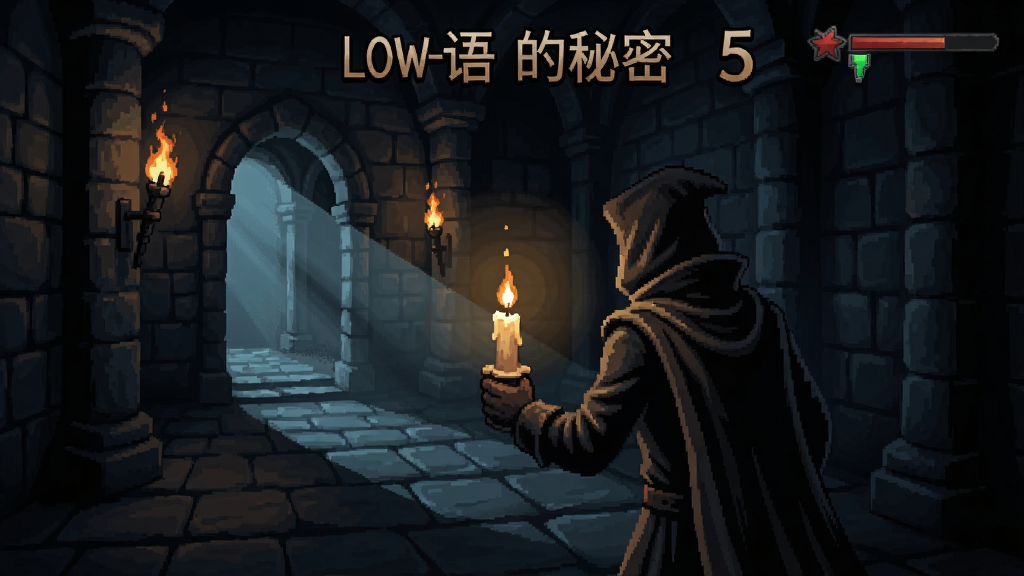 低语的秘密5游戏场景,主角手持蜡烛在黑暗城堡中探索,神秘光线照亮前方