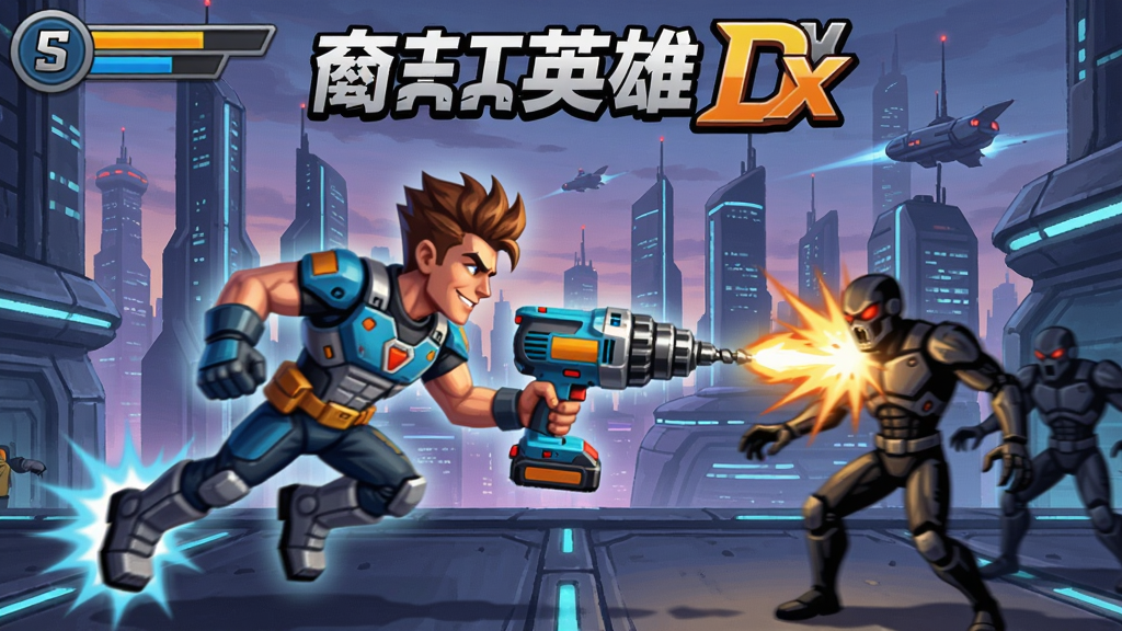 电钻英雄DX游戏截图,主角拿着电钻冲向敌人,背景是科幻城市