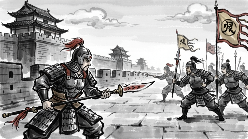 火凤燎原残兵小传游戏战斗场景,残兵角色在三国城墙上与敌军对峙,水墨风格渲染