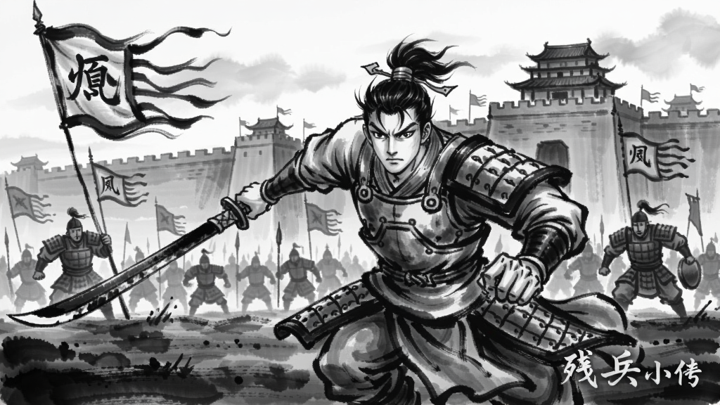 火凤燎原残兵小传游戏主角在战场上持刀冲锋的画面,水墨风格,背景是古代城池