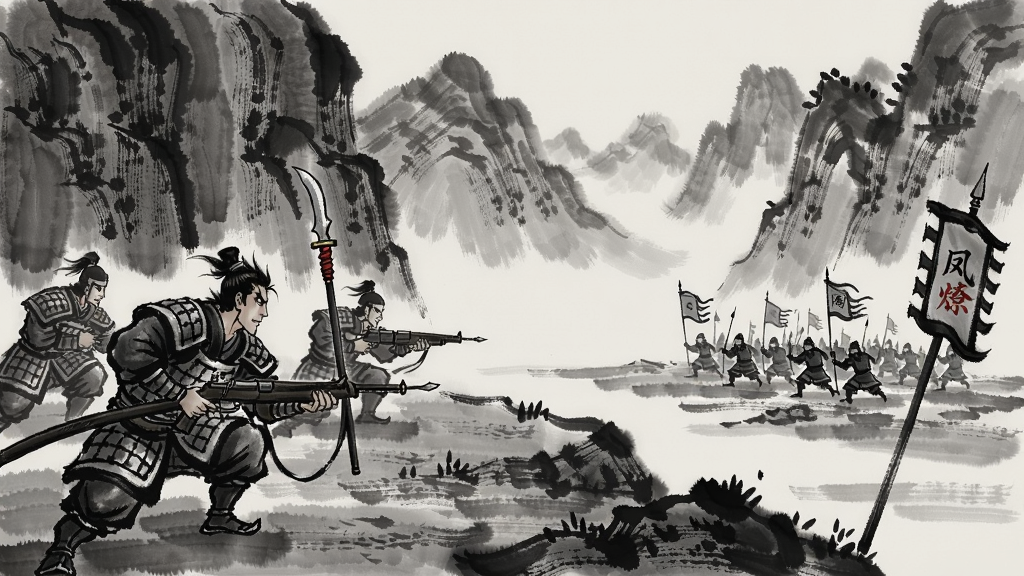 火凤燎原残兵小传游戏场景,残兵在山谷中伏击敌军,水墨风格