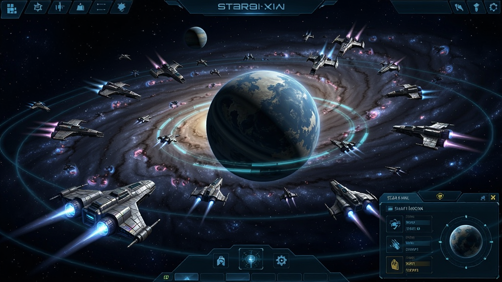 星际文明策略游戏场景,一个银河系背景,多艘飞船围绕行星,带有科技光效和UI界面