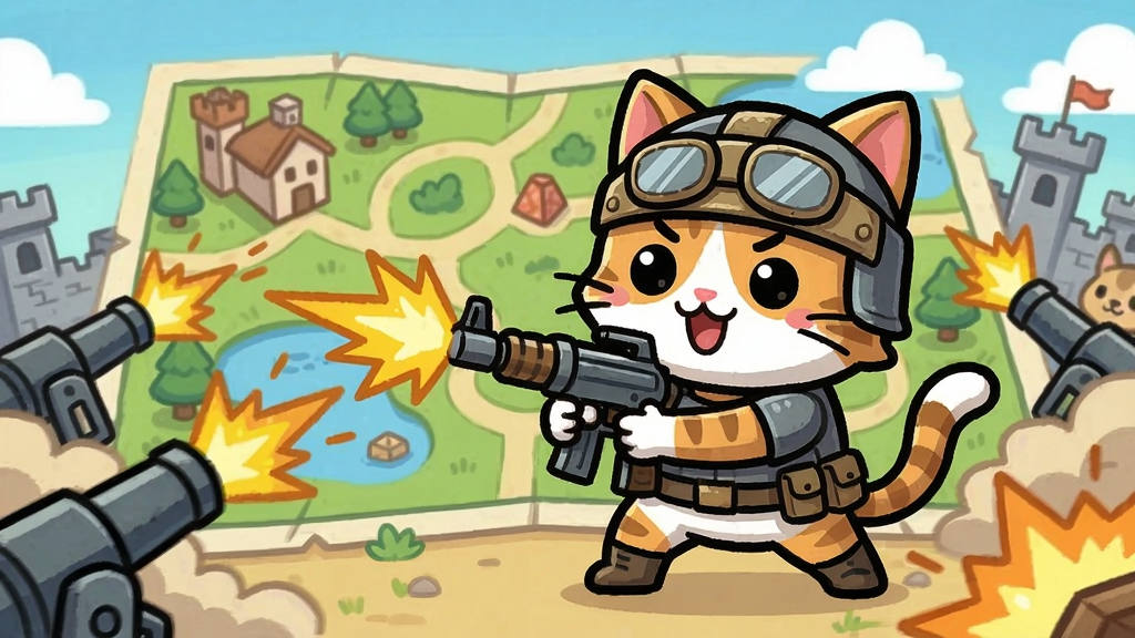 一只可爱的猫咪战士在卡通地图中持枪射击,周围炮火轰鸣但风格轻松欢乐