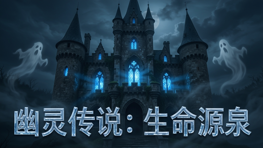 一个神秘的古老城堡外观,有蓝色光芒从窗户中渗出,周围围绕着幽灵般的雾气,水晶质感的字体显示《幽灵传说:生命源泉》