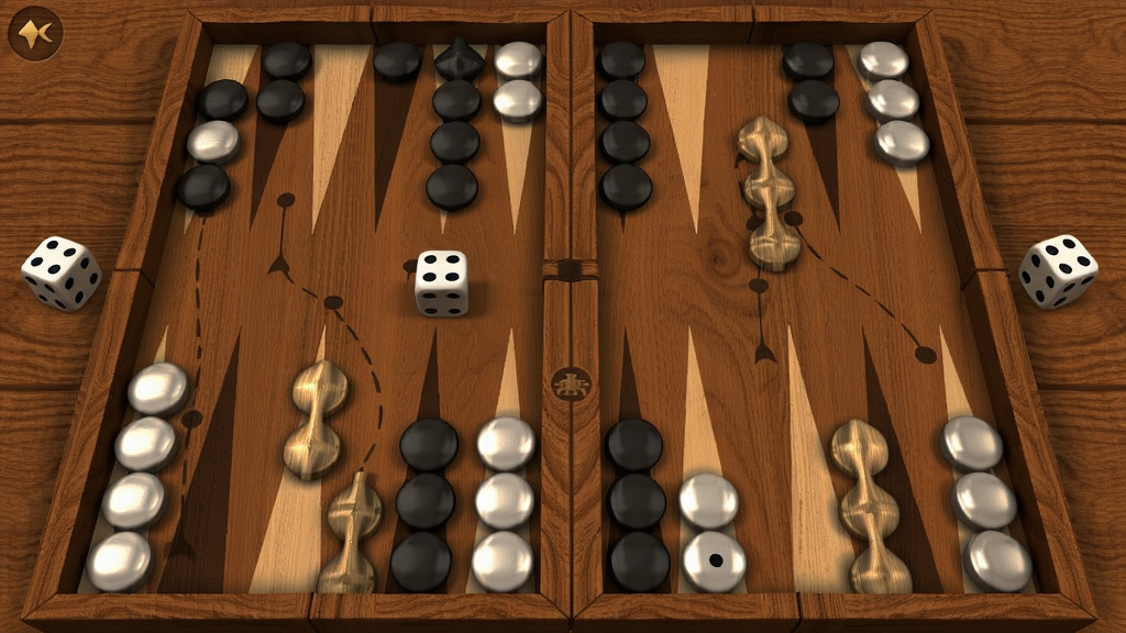 西洋双陆棋游戏界面,棋盘上分布着黑白棋子,骰子显示数字,背景为木质纹理