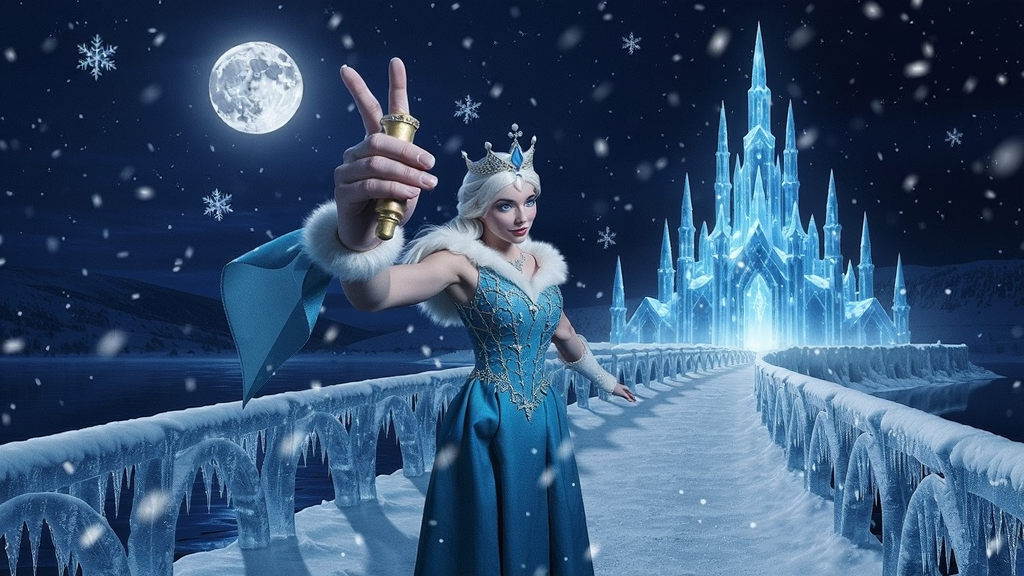 冰雪公主在月光下站在冰桥上,周围飘落雪花,远处是发光的冰晶城堡