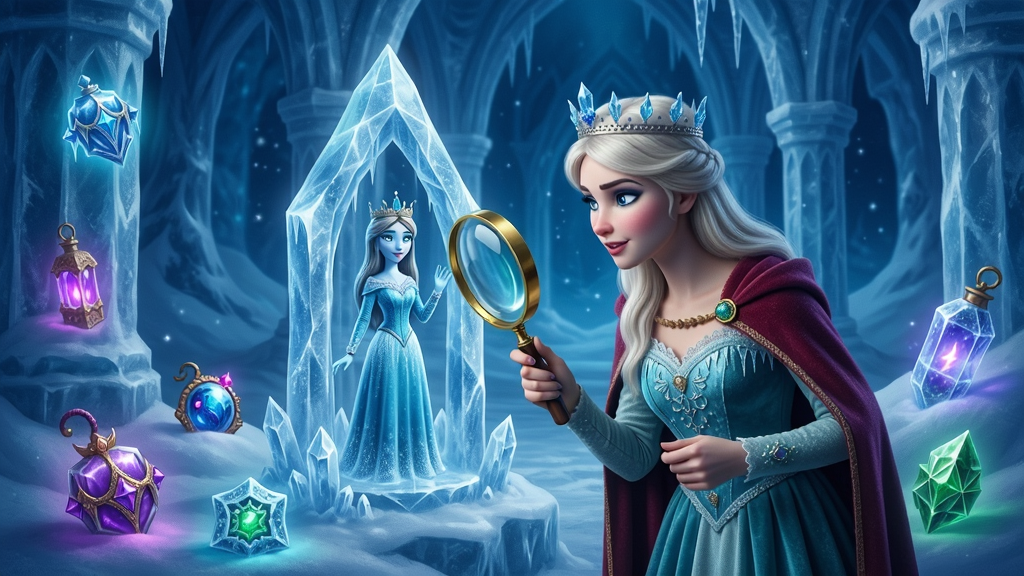 冰雪城堡中一位公主被冻结在冰晶里,周围散落着各种发光的隐藏物品,玩家手持放大镜正在仔细观察场景