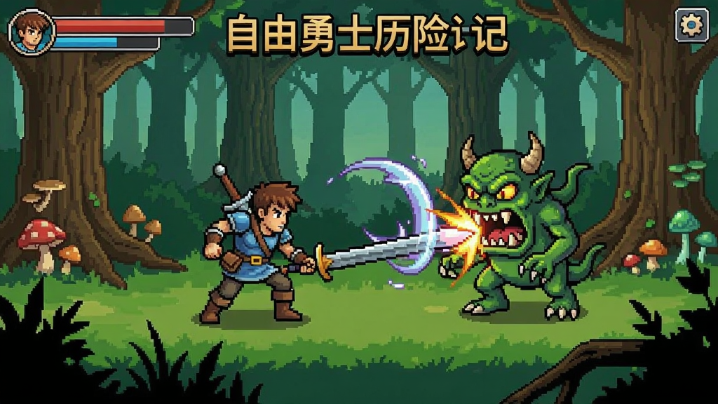 自由勇士历险记游戏场景,主角在森林中与妖怪战斗