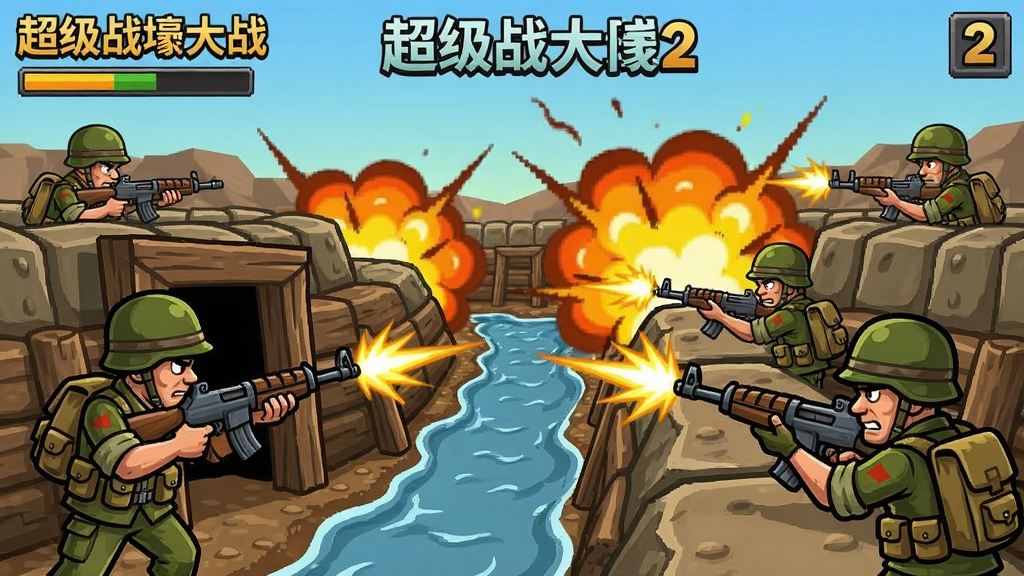 超级战壕大战2游戏截图,卡通风格战壕场景,士兵持枪射击,爆炸特效