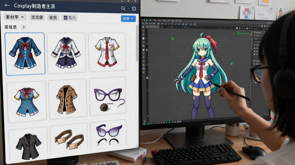 Cosplay制造者主界面展示,用户正在编辑一个动漫角色造型,左侧素材库列出各种服装和配饰