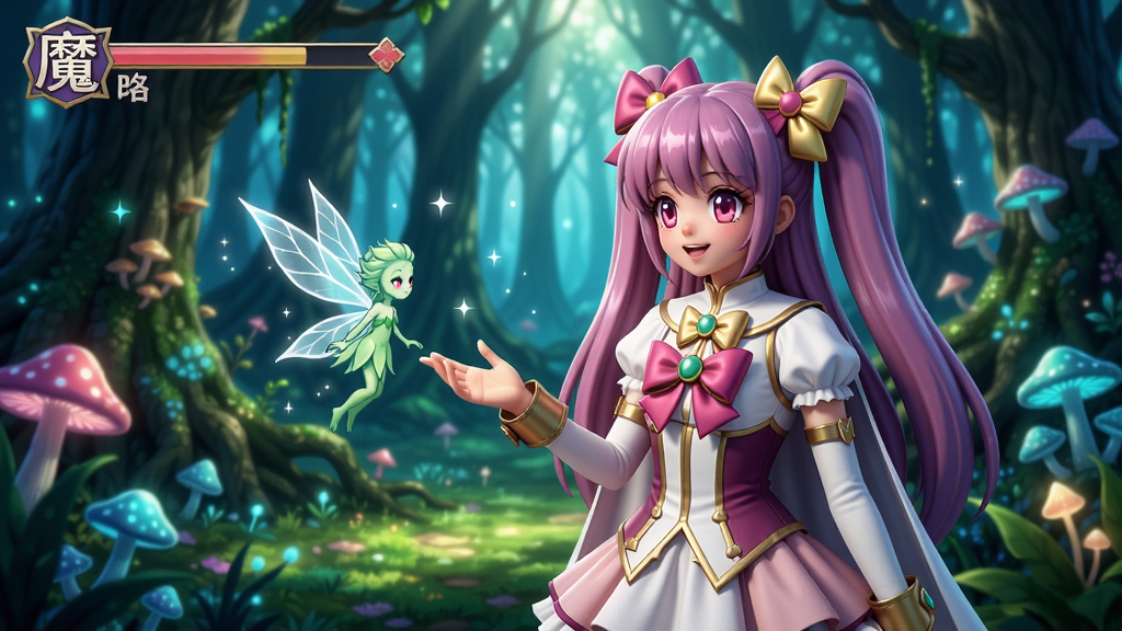 魔神少女游戏场景,少女在魔法森林中与精灵对话的AI生成图