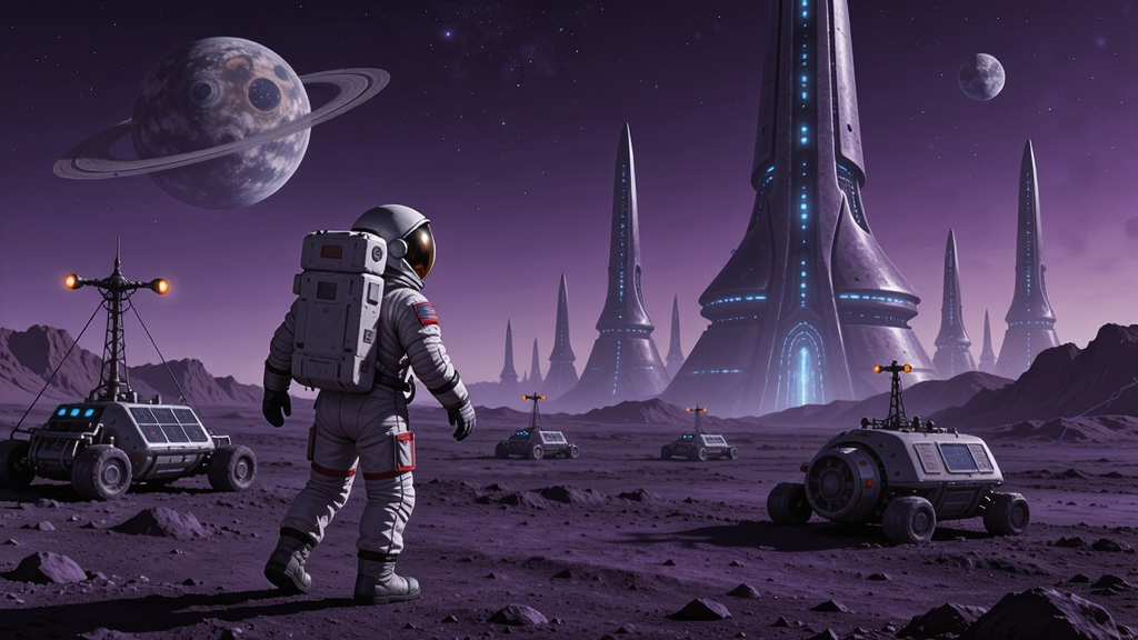 宇航员在紫色星球表面探索,远处有巨大外星建筑