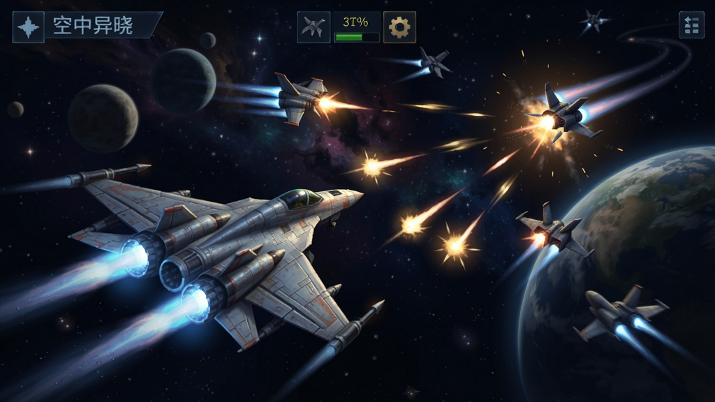 空中异晓游戏画面,战机在星际中穿梭射击敌人