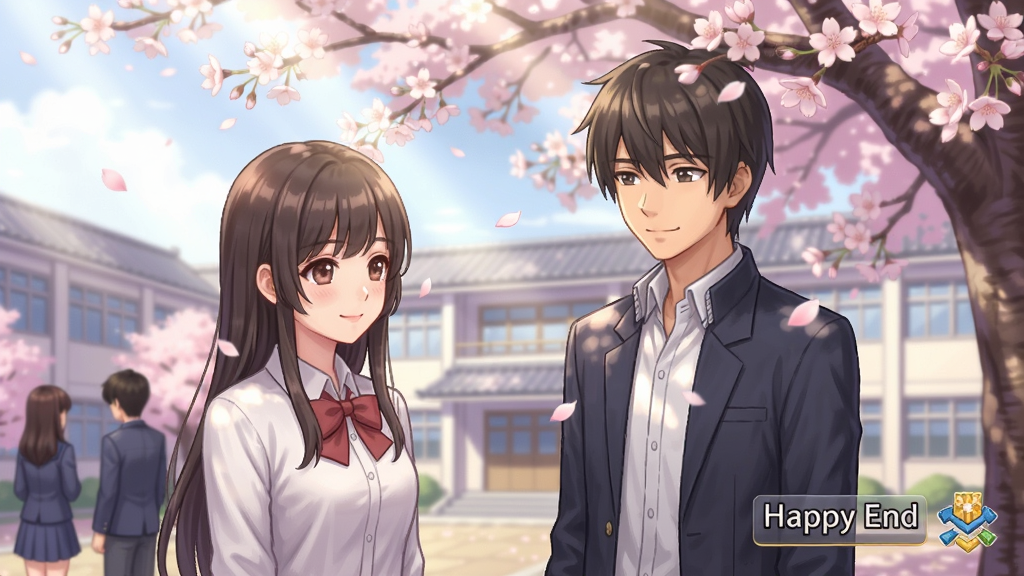 Happy End 游戏场景,主角与女主角在樱花树下对话,日式校园风格,色彩柔和,阳光透过花瓣洒落