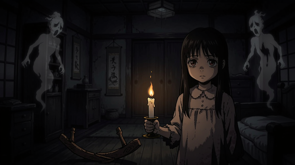 怨恨摇篮曲游戏场景,阴暗古宅内一个女孩手持蜡烛,日式恐怖风格,画面昏暗神秘,周围有漂浮的怨灵