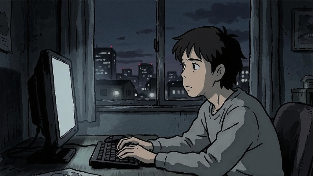 一个普通人在昏暗房间里对着电脑发呆,窗外是城市夜景,手绘风格,孤独感