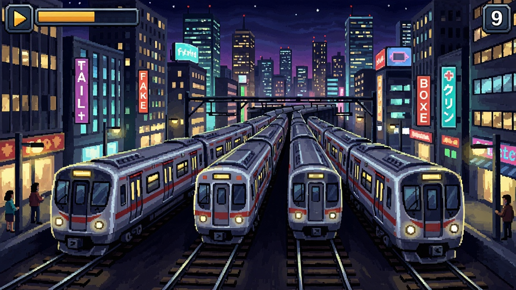 A列车9游戏画面,多辆列车行驶在繁华城市的铁路上,夜景灯光灿烂