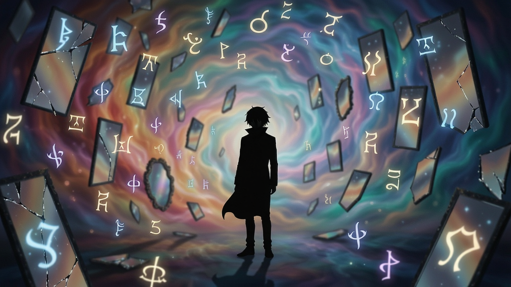 一个孤独的剪影站在五彩斑斓的梦境场景中,周围漂浮着发光的符号和破碎的镜子,氛围神秘而深邃