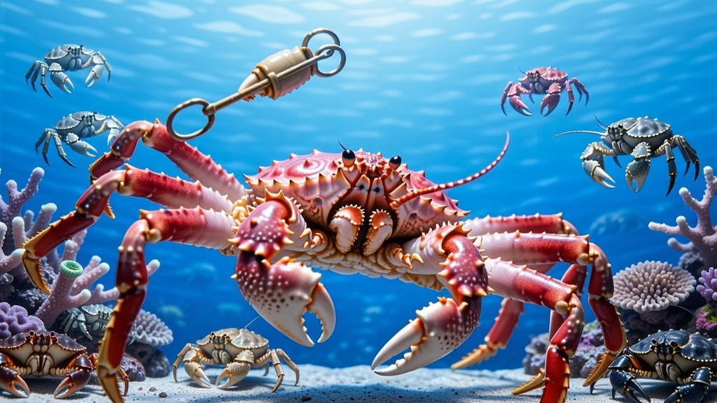 一只巨大的帝王蟹在水族馆中挥舞钗子,周围有各种甲壳动物和珊,光线明亮,画面逼真
