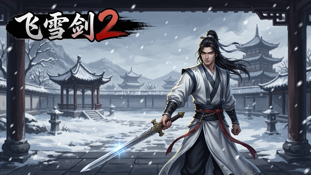 飞雪剑2游戏主界面,一名侠客手持长剑站在古风庭院中,天空飘着雪花,远处有亭台楼阁